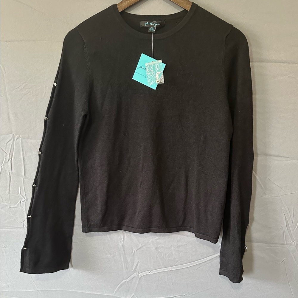Faith & Zoe Classic Black Sweater with Buttoned Sleeves